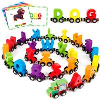 Vanmor 27 PCS Magnetic Wooden Alphabet Train Sets | ABC Letter Learning Toy Trains with 42 PCS Flash Cards, 1 Engine, 1 Stora...