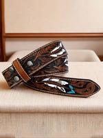 Western Cowboy Style Feather Pattern Belt, Boho Style Ethnic Pattern Trendy Belt for Women & Men, Fashionable Buckle Decorate...