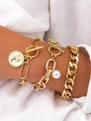 Vintage Chain & Faux Pearl Design Link Bracelet (3pcs), Fashion Punk Chunky Chain Bracelet for Party, Daily Clothing Decor, T...