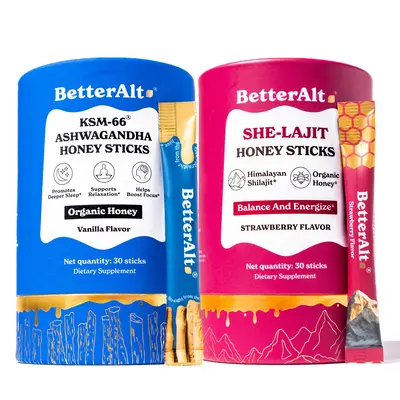 BetterAlt Her Balance Kit | SHE-Lajit Strawberry Honey Sticks & KSM-66 Ashwagandha Honey Sticks | For Hormonal Balance, Relax...