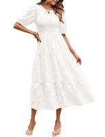 MEROKEETY Women's 2025 Summer Puff Sleeve Smocked Floral Dress Crewneck Lace Flowy Tiered Midi Dresses Tiktokshopvalentinesda...
