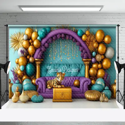 Aperturee Balloons Green Wall Purple Sofa Cake Smash Backdrop - Aperturee
