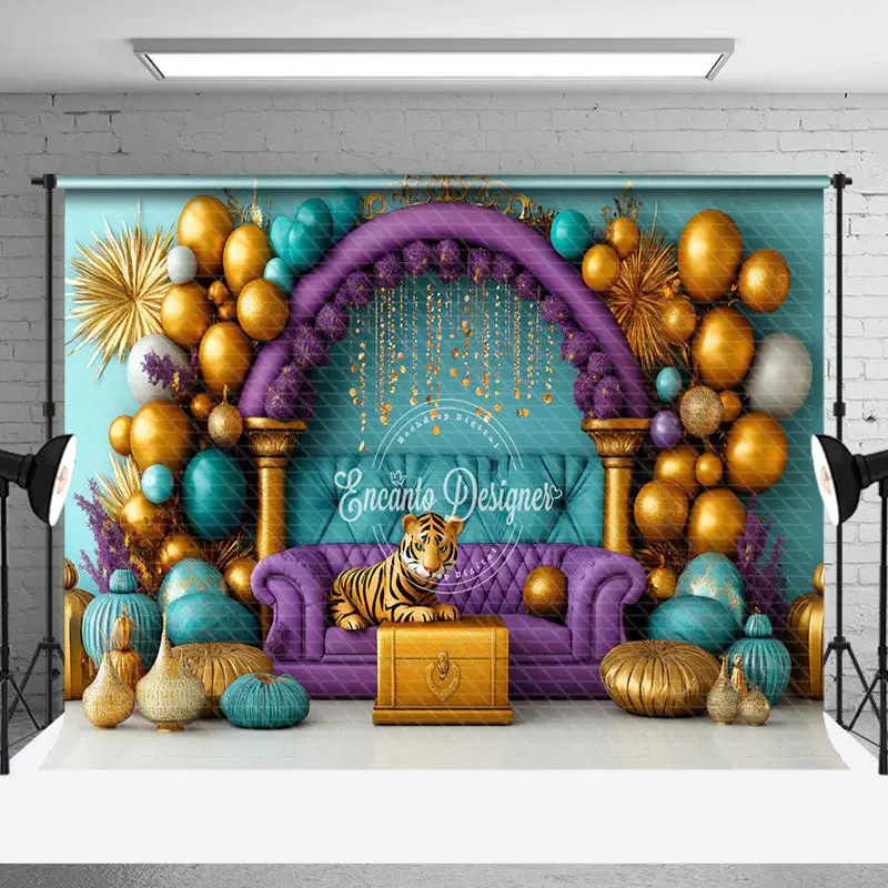 Aperturee Balloons Green Wall Purple Sofa Cake Smash Backdrop - Aperturee