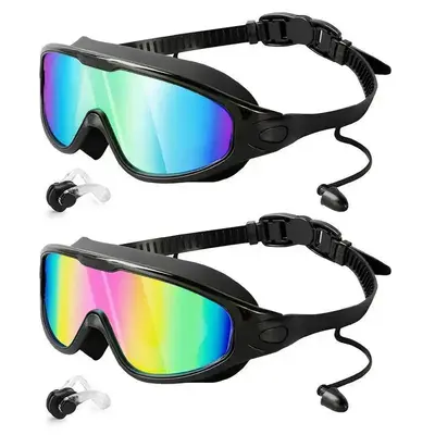 Swim Goggles for Adults & Kids - Anti-Fog Full-Coverage, 3-Color UV Lens, Waterproof Earplugs & Nose Clip, Fit Outdoorfun