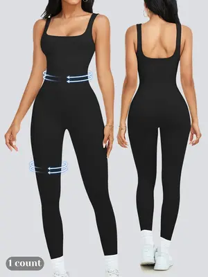 Women's Solid Square Neck Shapewear Jumpsuit, Casual Comfy Tummy Control Seamless Ribbed Jumpsuit for Daily Wear, Ladies Shap...