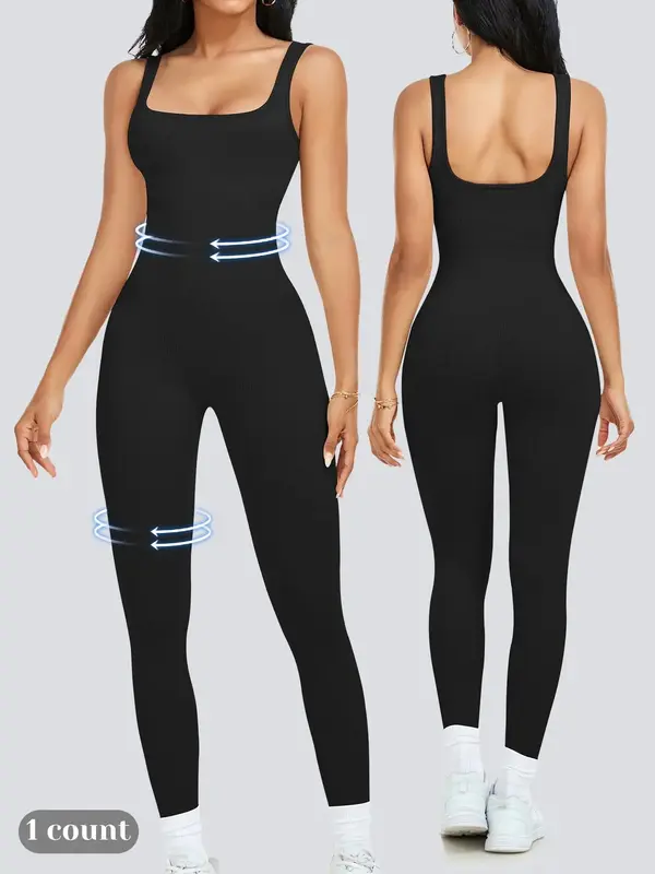 Women's Solid Square Neck Shapewear Jumpsuit, Casual Comfy Tummy Control Seamless Ribbed Jumpsuit for Daily Wear, Ladies Shap...
