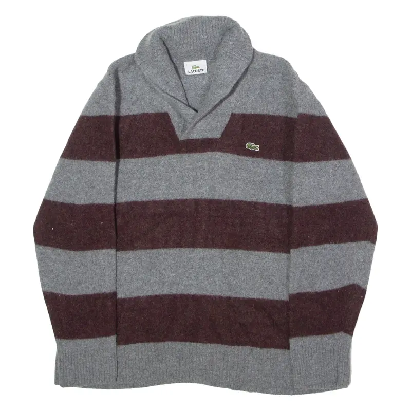 LACOSTE Womens Patterned Jumper Grey Striped High Neck Tight Knit Wool 2XL