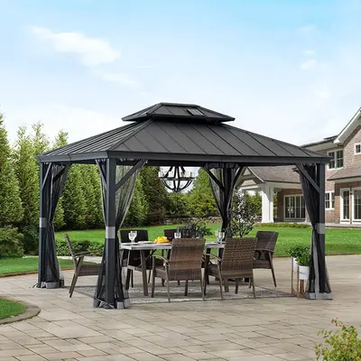 SUNJOY 10x12 Aluminum Frame Hardtop Gazebo with Solar Panel and Netting