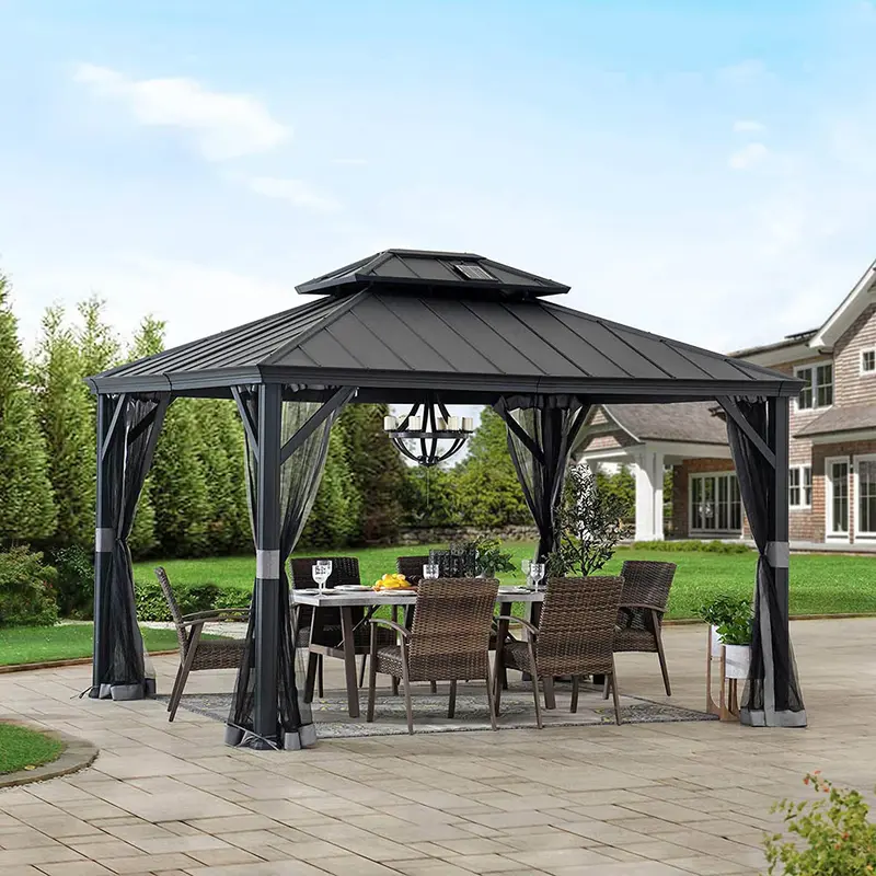 SUNJOY 10x12 Aluminum Frame Hardtop Gazebo with Solar Panel and Netting