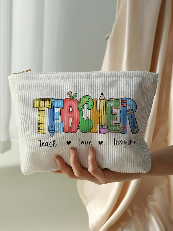 Letter Pattern Corduroy Makeup Bag, Casual Lightweight Multi-functional Zipper Cosmetic Bag, Casual Versatile Pouch for Women...