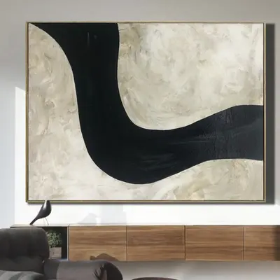 Abstract Beige Wall Art Canvas Minimalism Painting Black Line Painting Heavy Textured Artwork Contemporary Wall Art for Livin...
