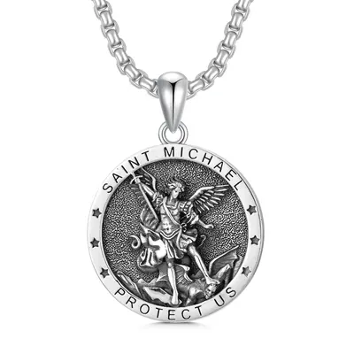 Sterling Silver Saint Michael Pendant Necklace With Engraved Word For Men