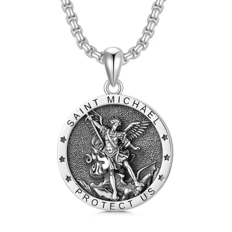 Sterling Silver Saint Michael Pendant Necklace With Engraved Word For Men