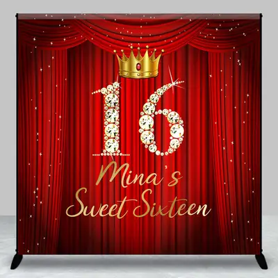 Custom Red Curtain Diamond 16th Birthday Backdrop - Aperturee