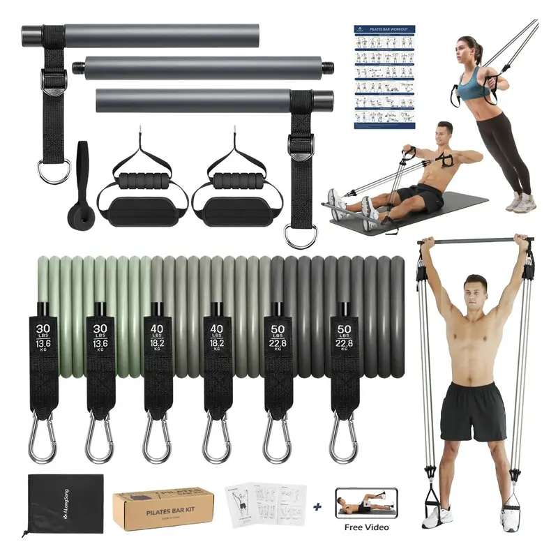 AlongSong Portable Pilates Bar Kit with 3 Latex Bands for Full Body Workouts, Adjustable Resistance, Portable Design, and Fre...