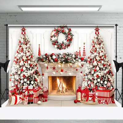 Aperturee Red White Wreath Tree Fireplace Christmas Backdrop
