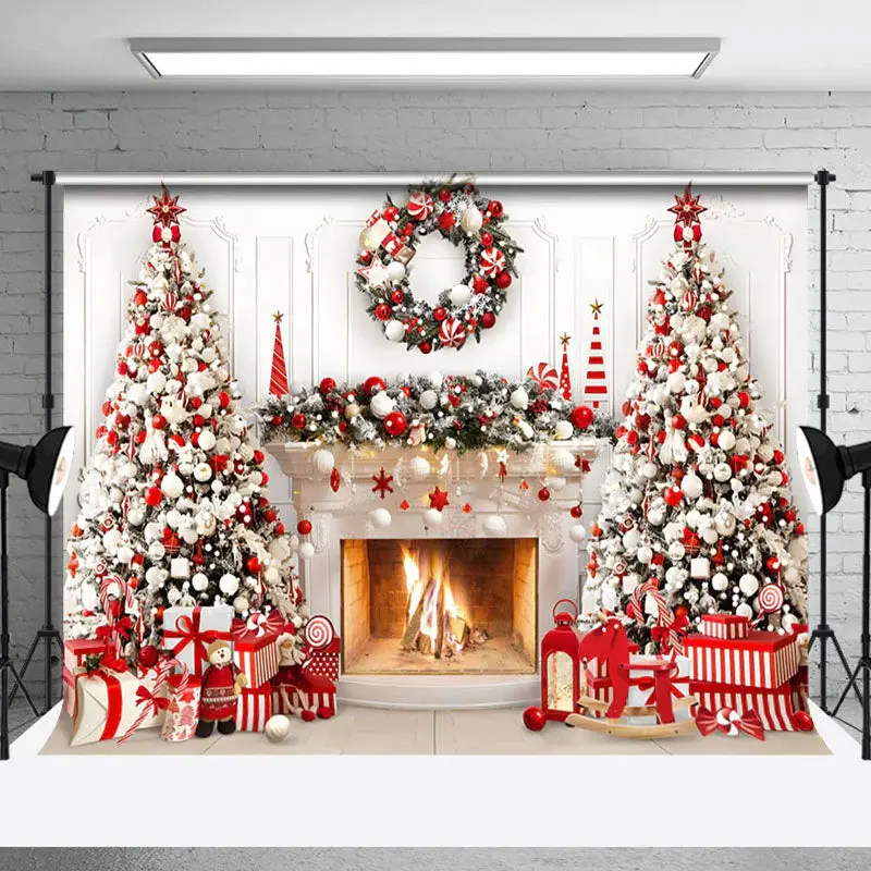 Aperturee Red White Wreath Tree Fireplace Christmas Backdrop