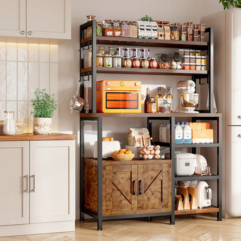 Raybee Furniture Bakers Rack for Kitchen with Power Outlet, 6-Tier Microwave Stand with Storage Cabinet, Farmhouse Kitchen Co...