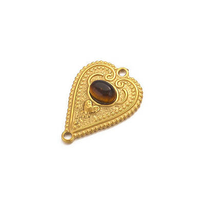 Stainless Steel Pave Natural Tiger Eye Peach Heart Connector Charms