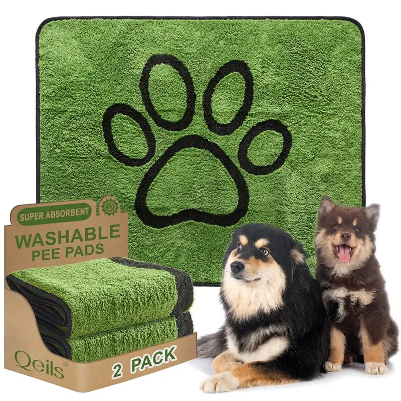 Qeils Washable Pee Pads for Dogs, 2 Pack Super Absorbent Reusable Puppy Pads with Green Long Wool for Potty Training, Floor, ...