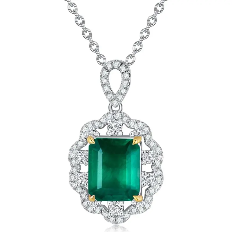 18K White Gold Emerald Wildflowers Necklace Engagement Wedding Gift for Her