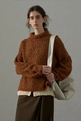 Textured Breathable Bean Yarn Women's Long Sleeve Crew Neck Loose Mohair Sweater Fuzzy Cozy Oversized Knitted Pullover