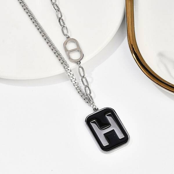 304 Stainless Steel Black Enamel H Rectangle Pendant Twisted Chain Necklaces for Women