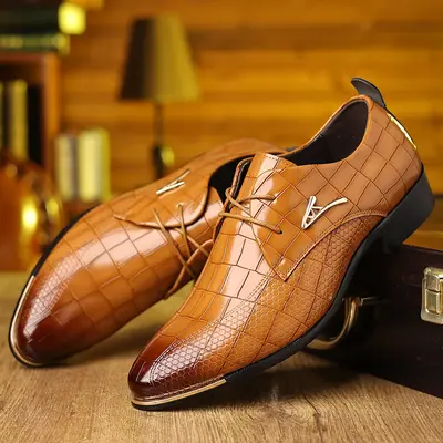 Men’s Croc-Embossed Dress Shoes, Lace-Up Patent Leather Business Formal Footwear
