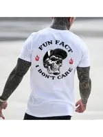 FUN FACT I DON'T CARE Skull Print Men's T-shirt,Top Menswear, Cotton Tee Shirt Casual Streetwear Outfit Shorts