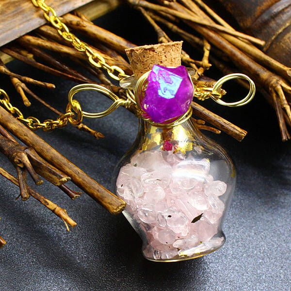 Natural Rose Quartz Chips Perfume Bottle Necklace