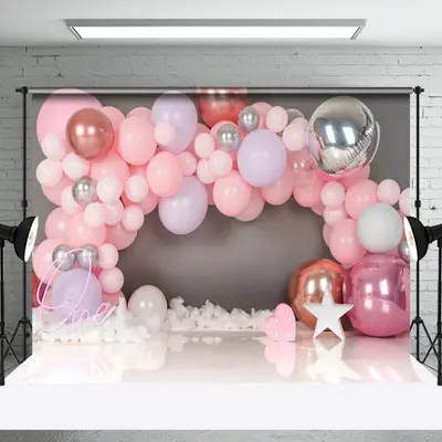 Gray Wall Pink Balloon Girls 1St Birthday Backdrop - Aperturee