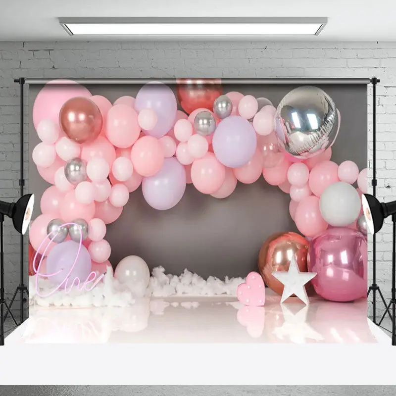 Gray Wall Pink Balloon Girls 1St Birthday Backdrop - Aperturee