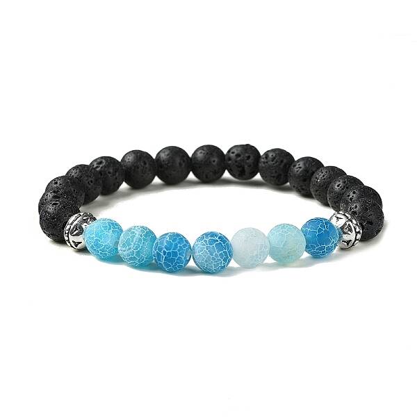 Natural Dyed Crackle Agate & Lava Rock Round Beaded Stretch Bracelet