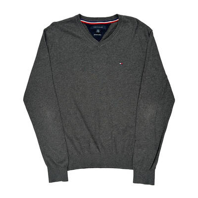 Tommy Hilfiger V-Neck Jumper - Large Grey Cotton Blend