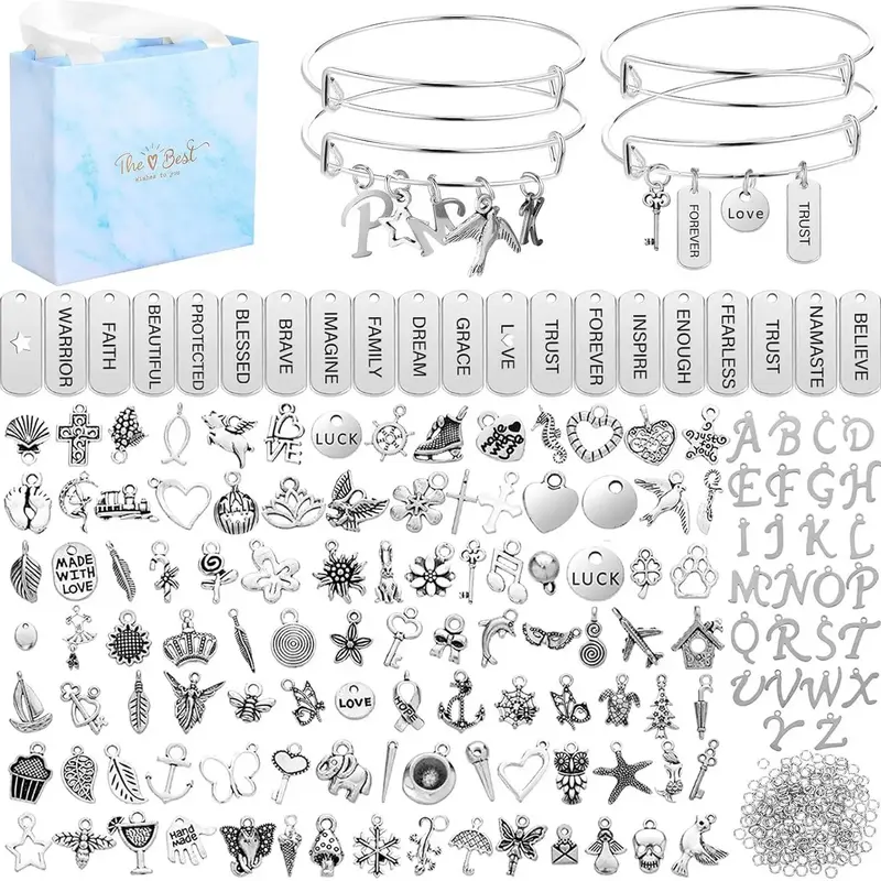 DIY Bracelet Making Kit, 171pcs/set Bangles Jewelry Making Accessories Including 10pcs Adjustable Bangle, 51pcs Charm Pendant...
