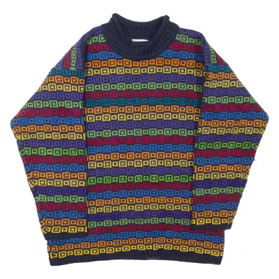 REVIVAL Mens Patterned Jumper Blue Striped High Neck Tight Knit Wool M