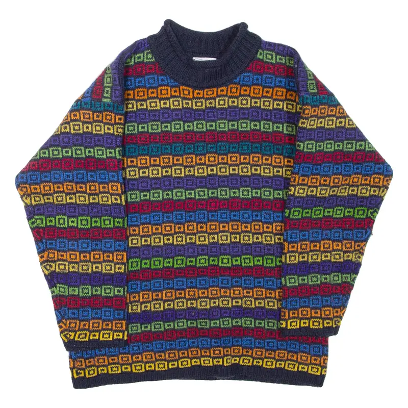 REVIVAL Mens Patterned Jumper Blue Striped High Neck Tight Knit Wool M