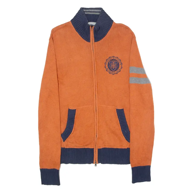 TOMMY HILFIGER Mens Patterned Cardigan Orange Striped High Neck Tight Knit M