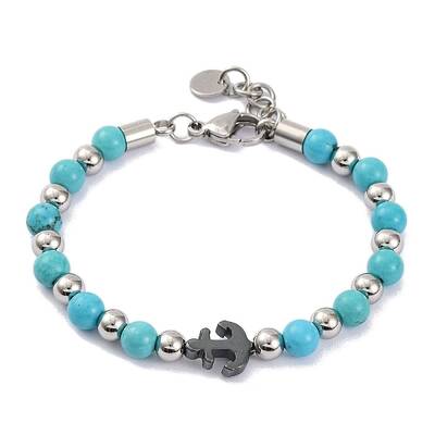 Synthetic Turquoise & Synthetic Magnetic Hematite Anchor Beaded Bracelet