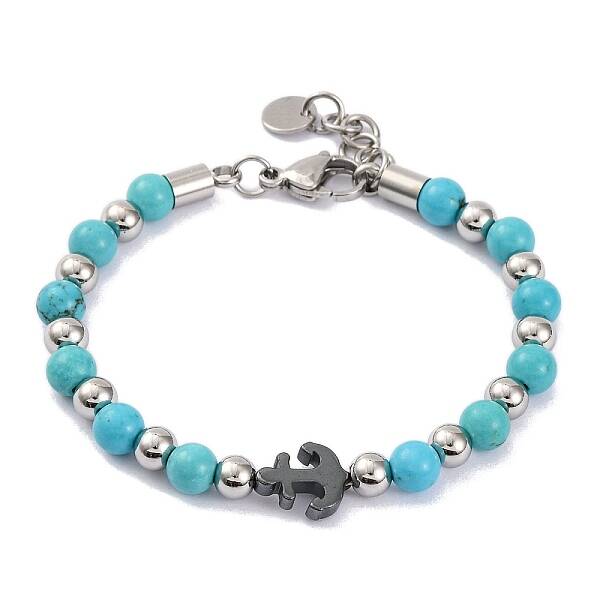 Synthetic Turquoise & Synthetic Magnetic Hematite Anchor Beaded Bracelet