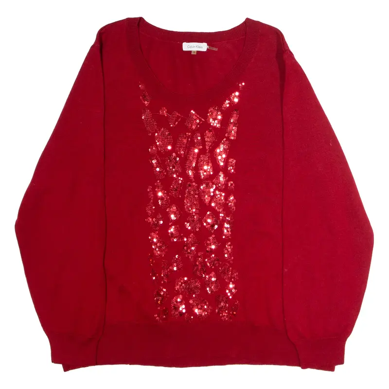 CALVIN KLEIN Sequined Womens Patterned Jumper Red Crazy Pattern Wool 2XL