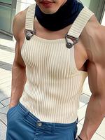 Men's Solid Color Knitted Sleeveless Button Tank Top, Streetwear Casual Square Collar Suspender Vest for Summer Gym Workout, ...