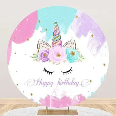 Unicorn Floral Oil Painting Round Birthday Backdrop - Aperturee