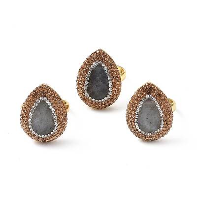 Natural Labradorite Teardrop Adjustable Ring with Rhinestone