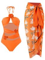 Women's Solid Color Swimsuit Set, Casual Tie Shoulder Swim Top & Cover Up Skirt Set, Ladies Swimwear for Beach Holiday Vacati...