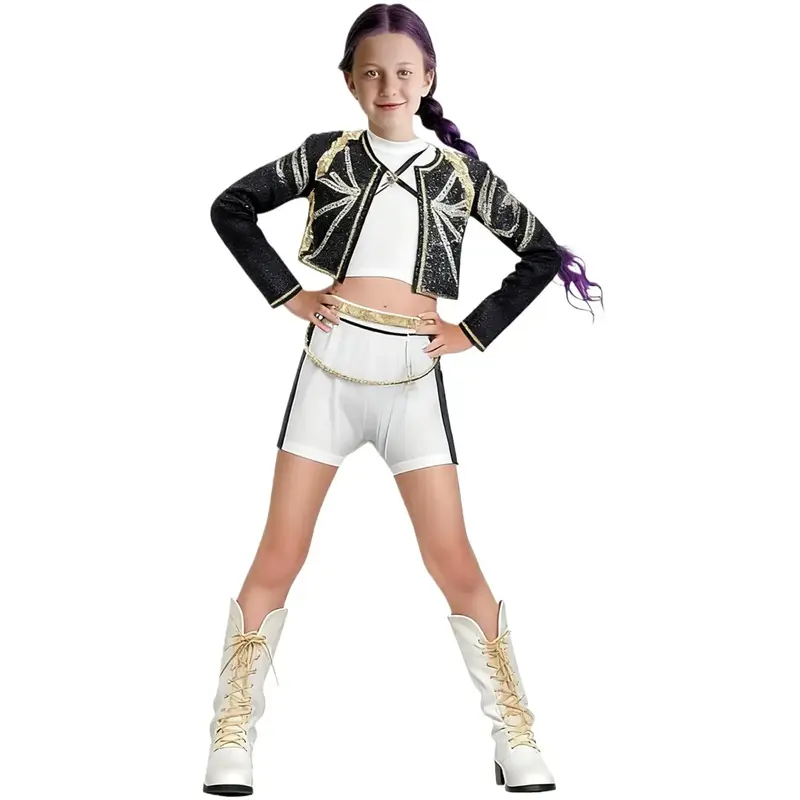 Kpop Demon Hunters Costume for Kids | Halloween K-pop Dance Outfit with Embroidery & Gold Chain Print | Demon Hunter Cosplay ...