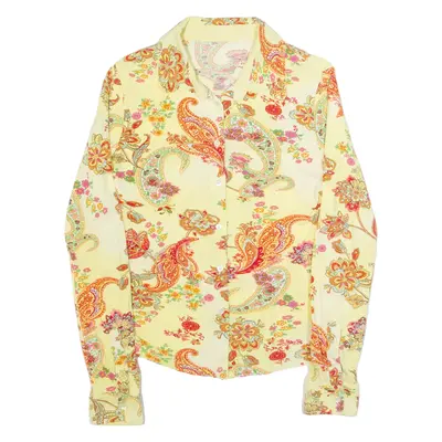 Womens Printed Shirt Yellow Collared Long Sleeve Crazy Pattern M