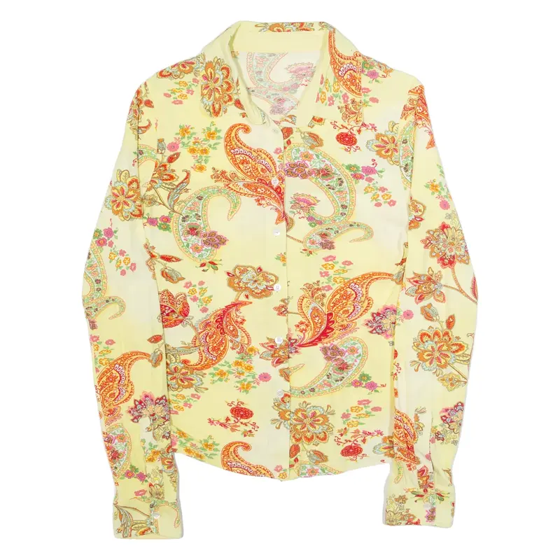 Womens Printed Shirt Yellow Collared Long Sleeve Crazy Pattern M