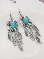 1 Pair Boho Style Tassel Decor Dangle Earrings, Leaf Design Drop Earrings, Turquoise Decor Dangle Earrings, Fashion Accessori...