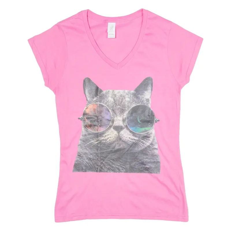 GILDAN Cat Print Womens T-Shirt Pink V-Neck S